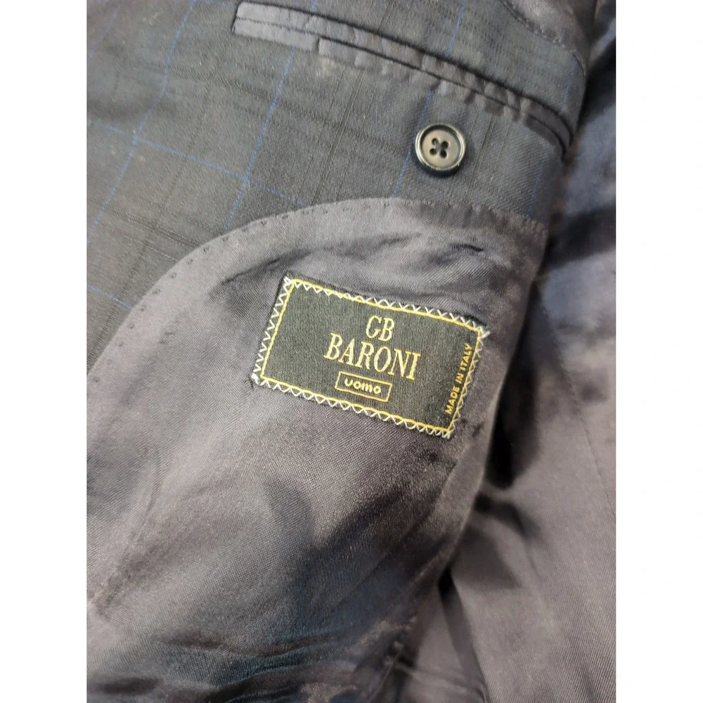 GB‎ Baroni Uomo Mens Navy Blue Plaid Wool Blend Sport Coat Blazer Made in Italy